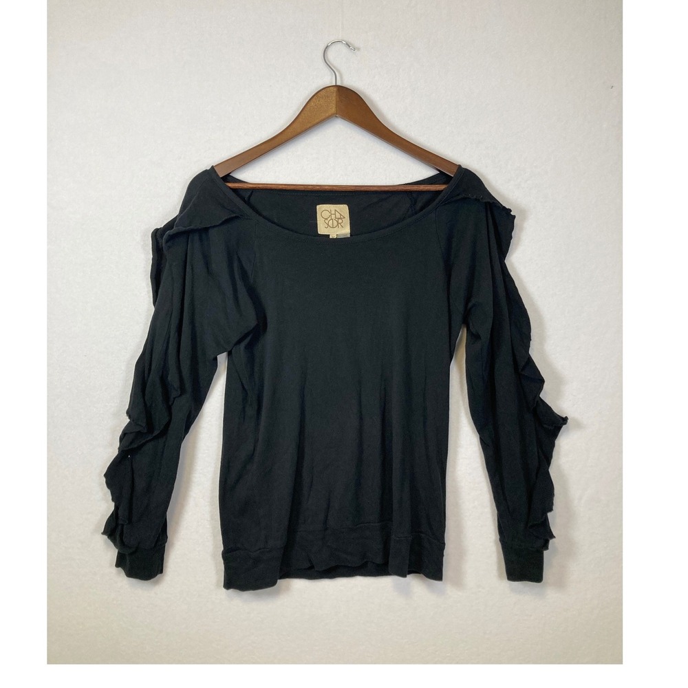 Chaser‎ Black Ruffle Long Sleeve Scoop Neck Cotton Top Bell Sleeves Size M